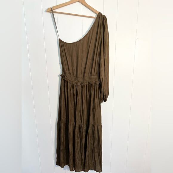 Anthropologie Grade and Gather Starla one shoulder dress brown satin neutral - Picture 6 of 9